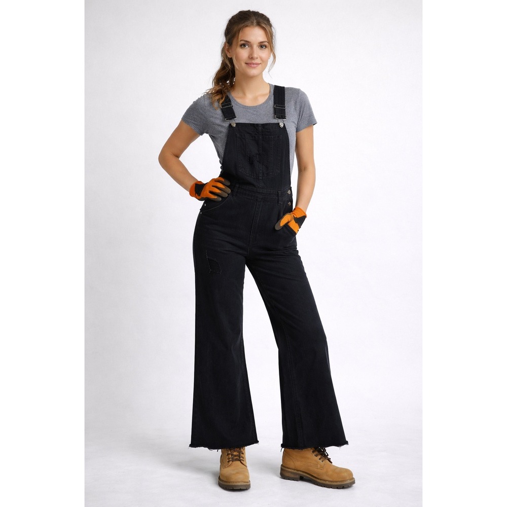 Aaron & Amber Overalls Womens S Black Flared Leg‎ Denim Sailor Buttons Workwear